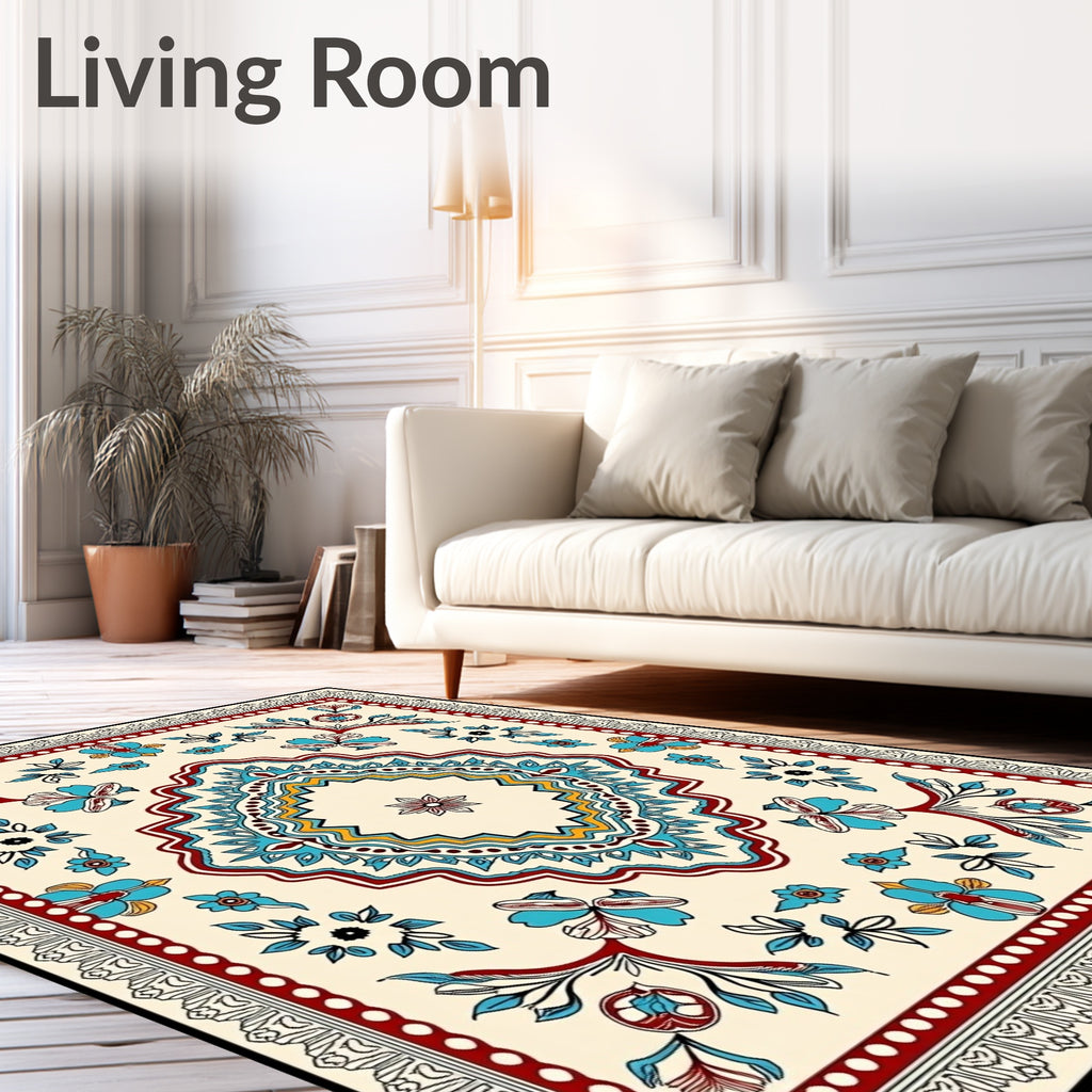 Cream Red Blue Floral Medallion Border Rug