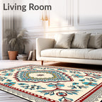 Cream Red Blue Floral Medallion Border Rug