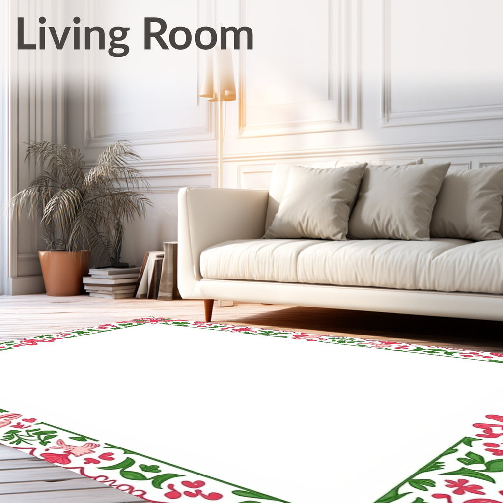 Pink Green Floral Scroll Border Rug