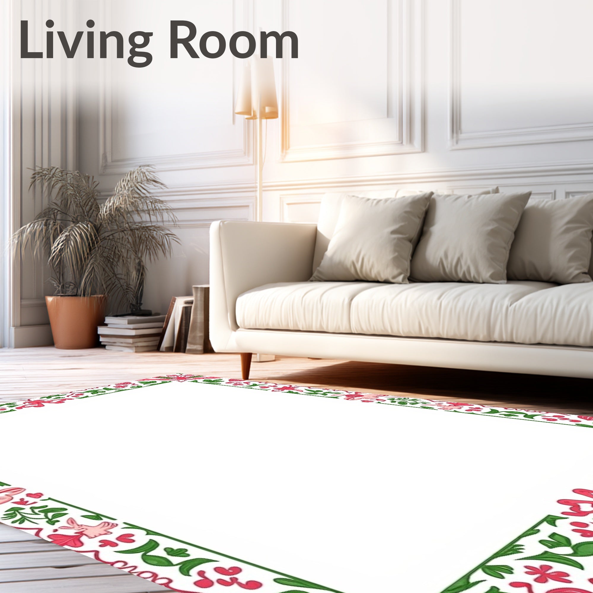 Pink Green Floral Scroll Border Rug