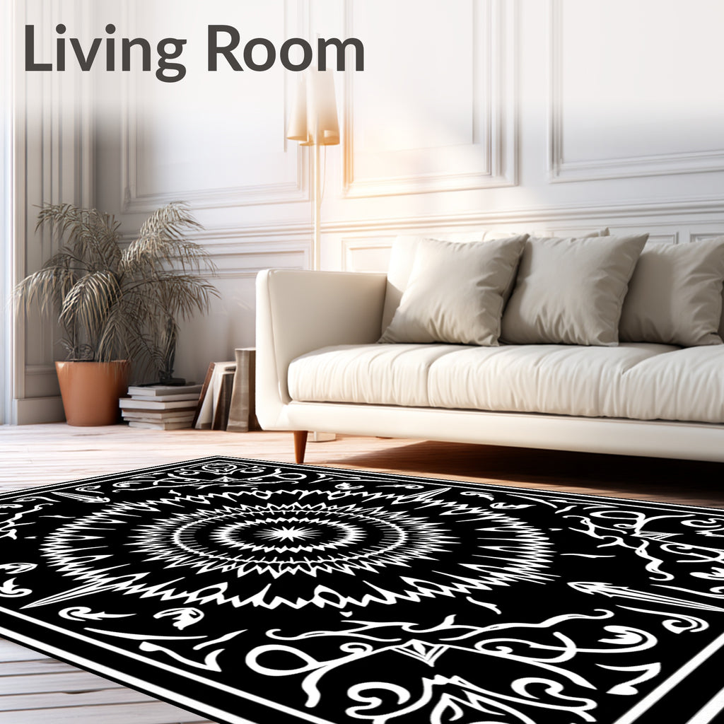 Black White Radial Sunburst Scrollwork Ornament Rug
