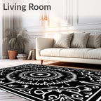 Black White Radial Sunburst Scrollwork Ornament Rug