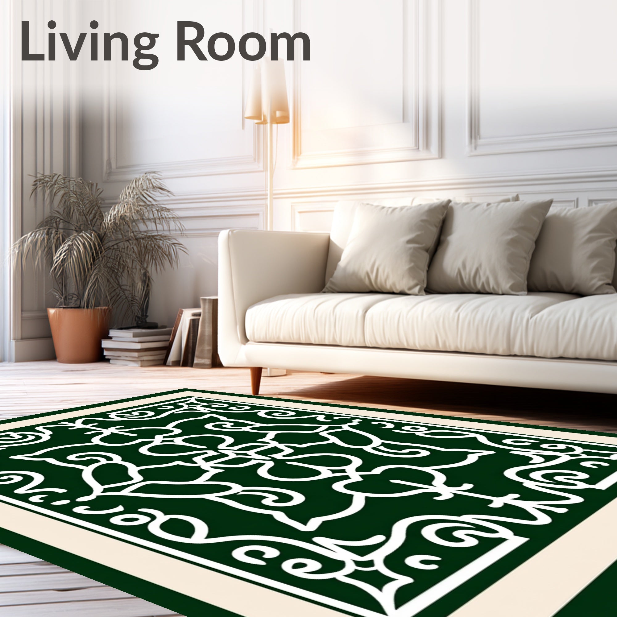 Deep Emerald White Floral Scroll Rug