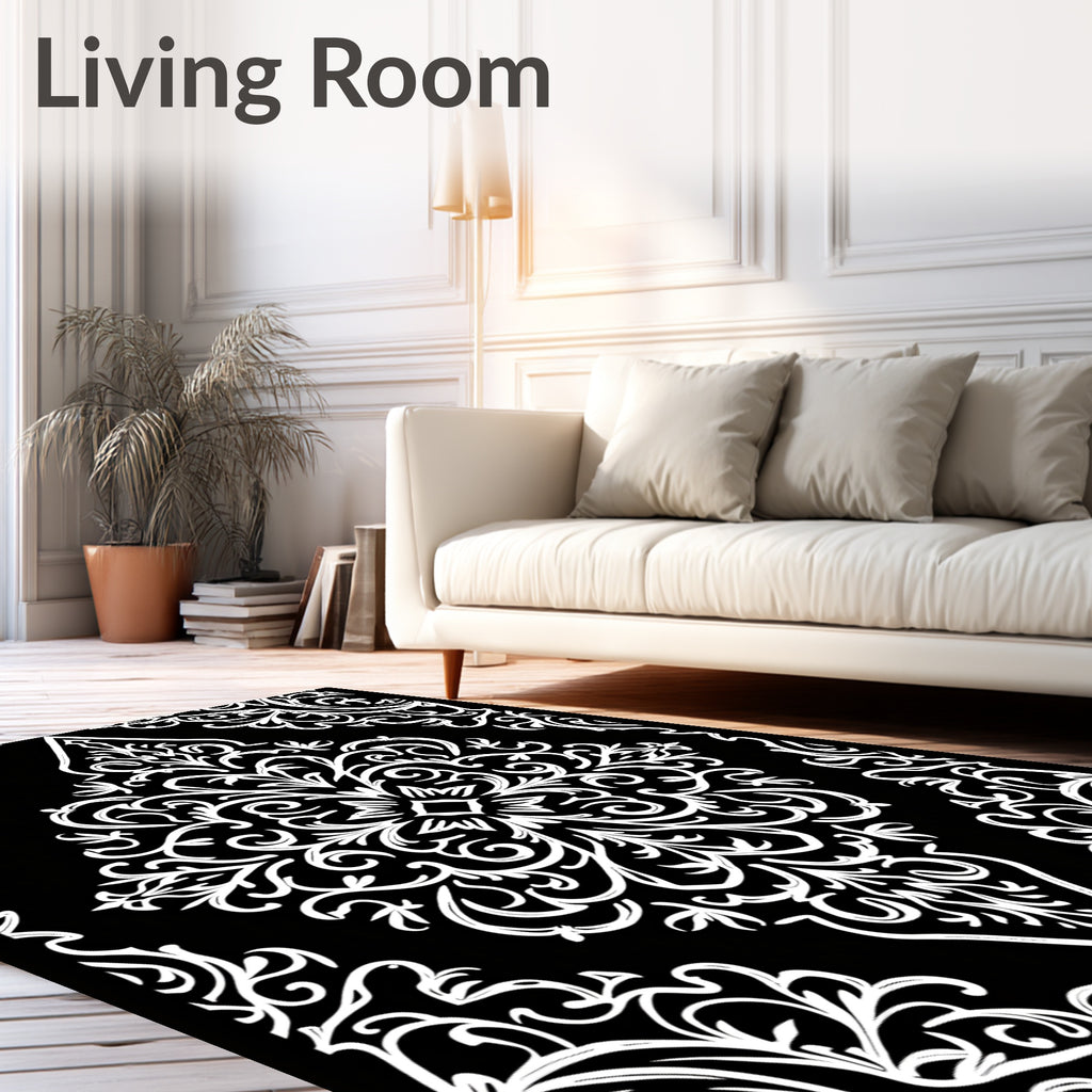 Classic Black White Damask Scroll Rug