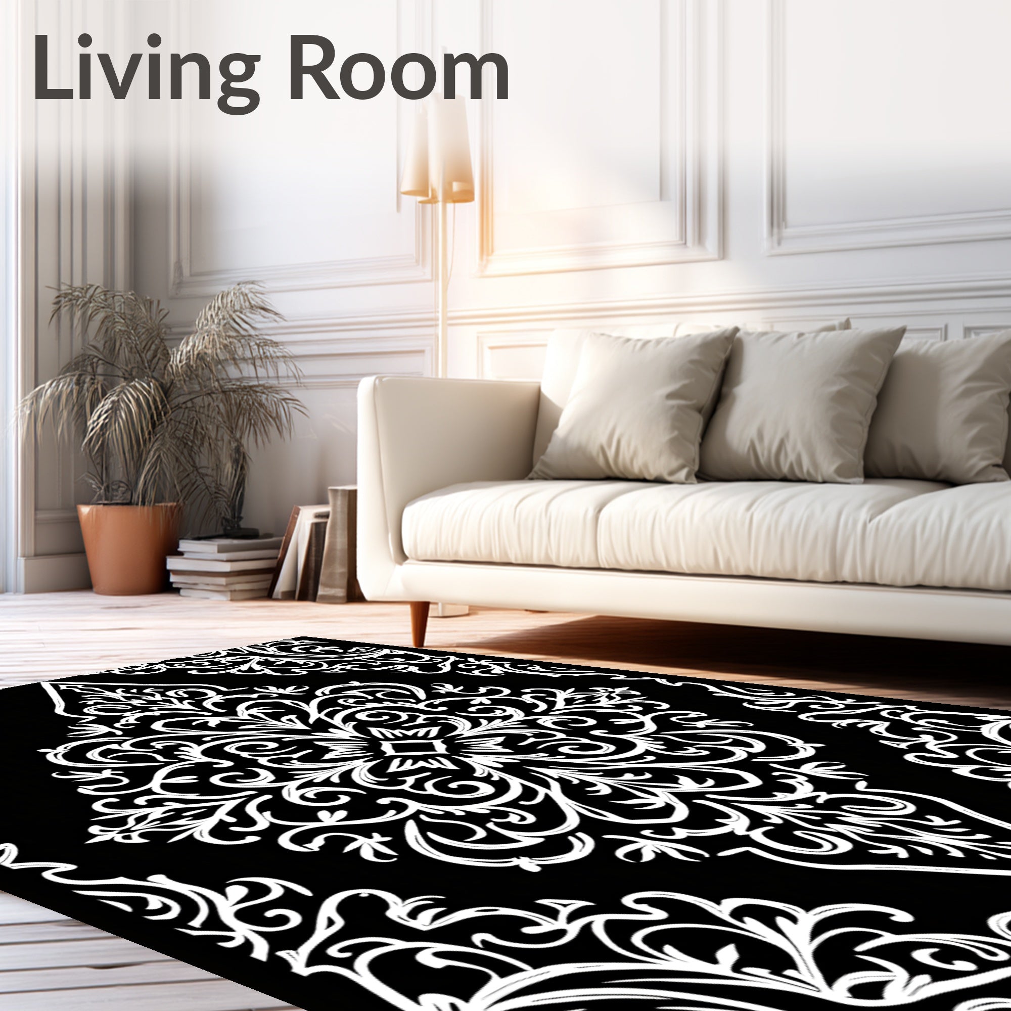 Classic Black White Damask Scroll Rug