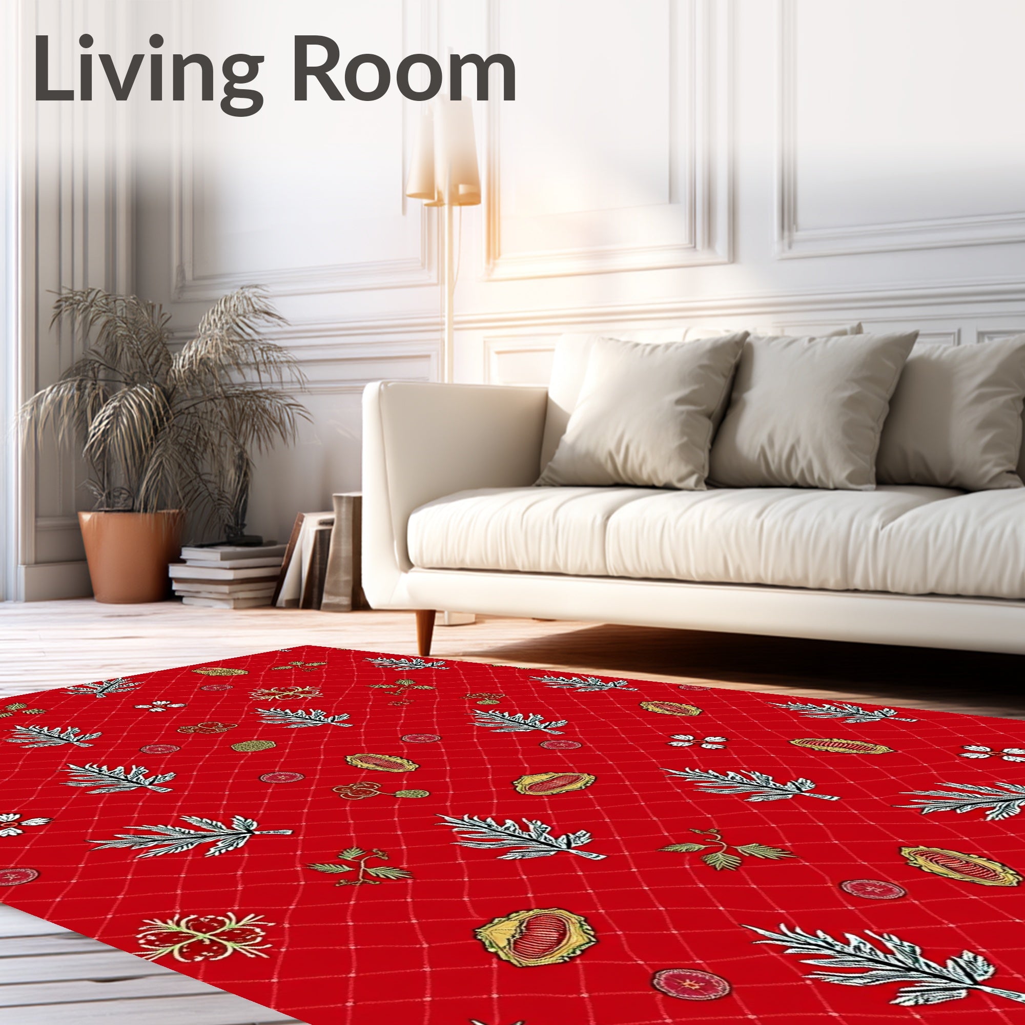 Crimson Red Illustrated Botanical Garden Rug