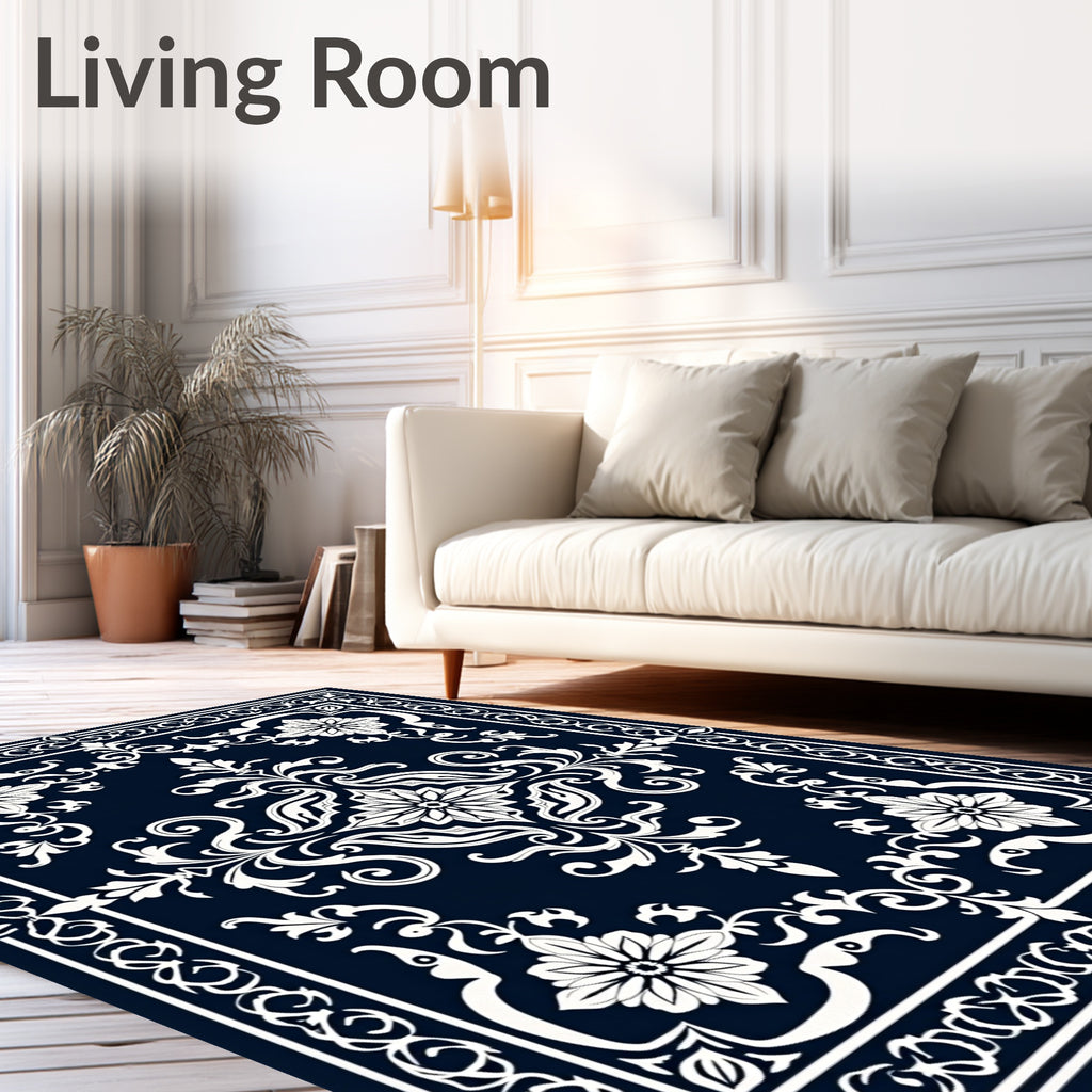 Dark Blue White Floral Medallion Rug