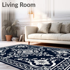 Dark Blue White Floral Medallion Rug