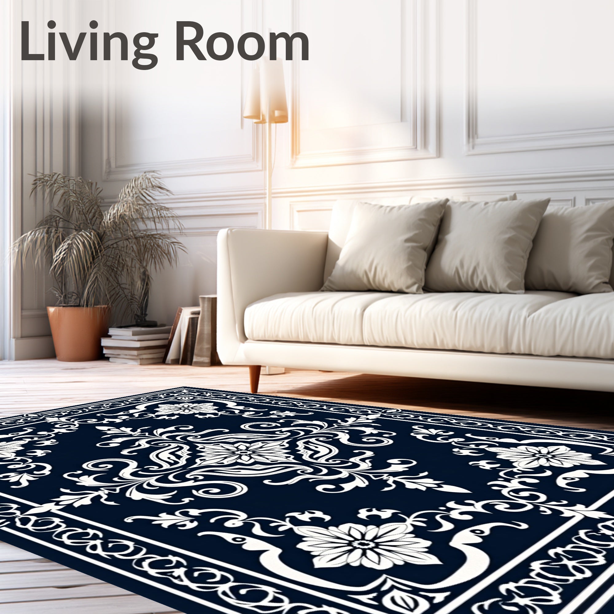 Dark Blue White Floral Medallion Rug