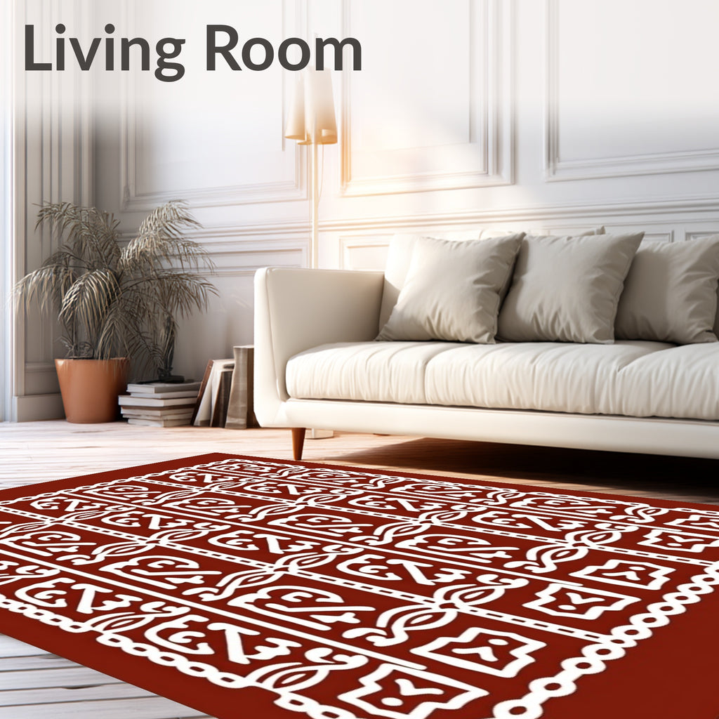 Ornate White Tribal Squares on Rust Rug