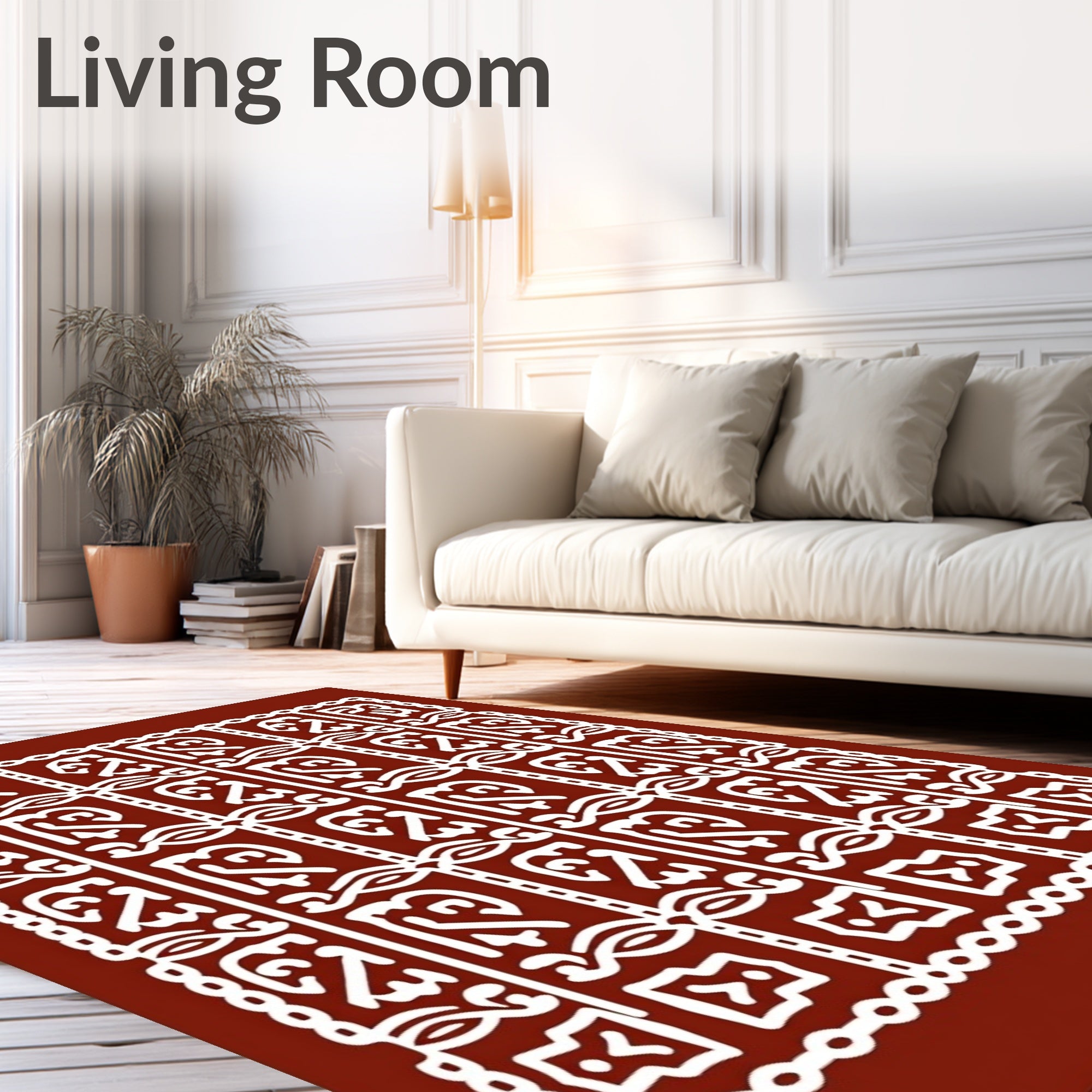 Ornate White Tribal Squares on Rust Rug