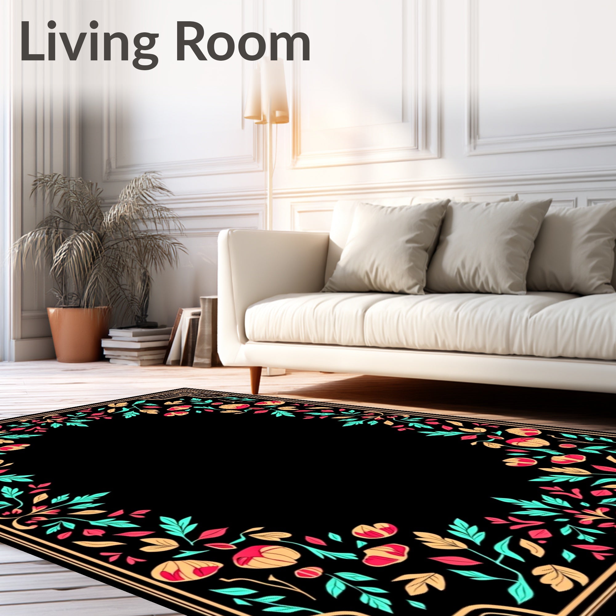 Coral Teal Gold Floral Frame Rug