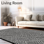 Black White Linear Maze Graphic Rug