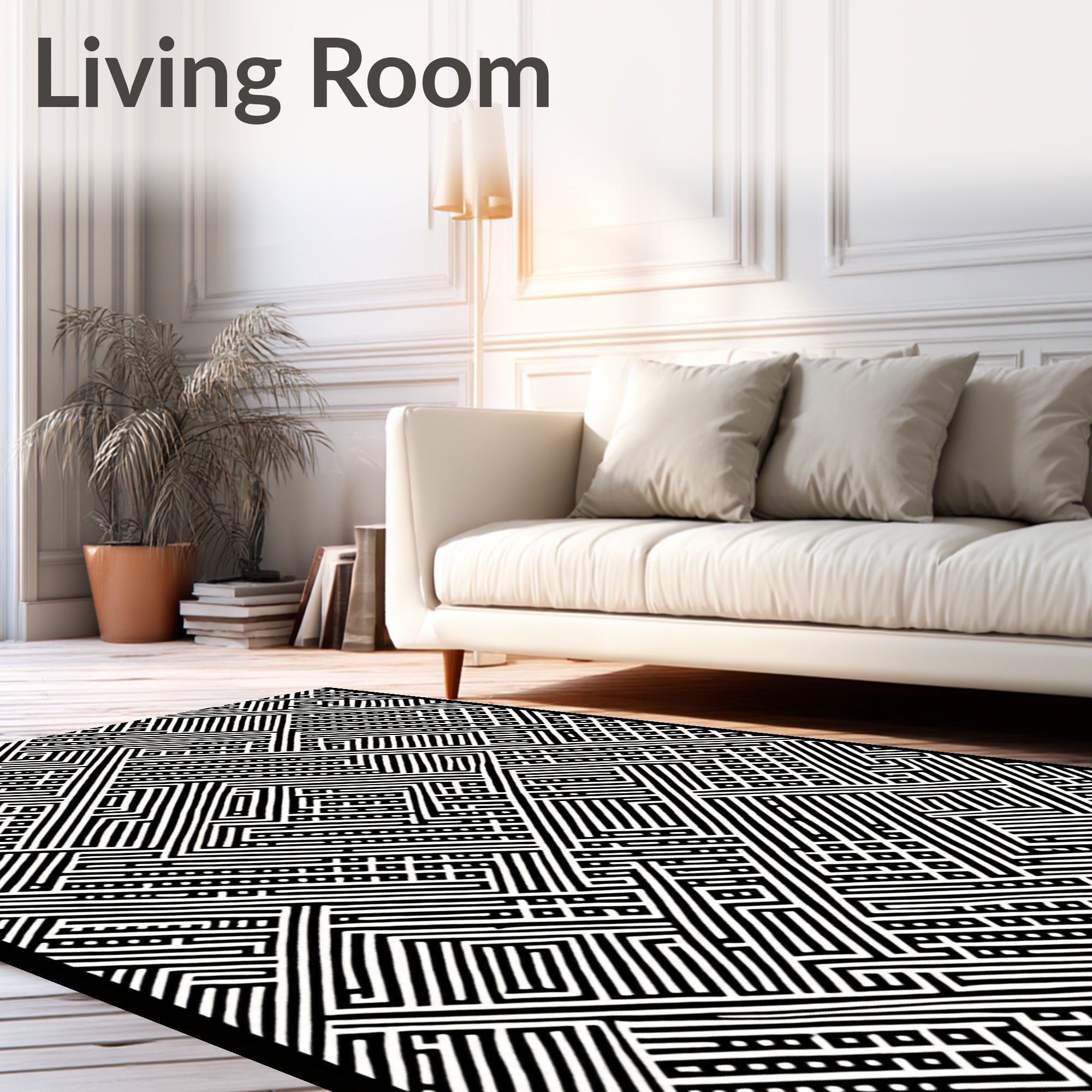Black White Linear Maze Graphic Rug