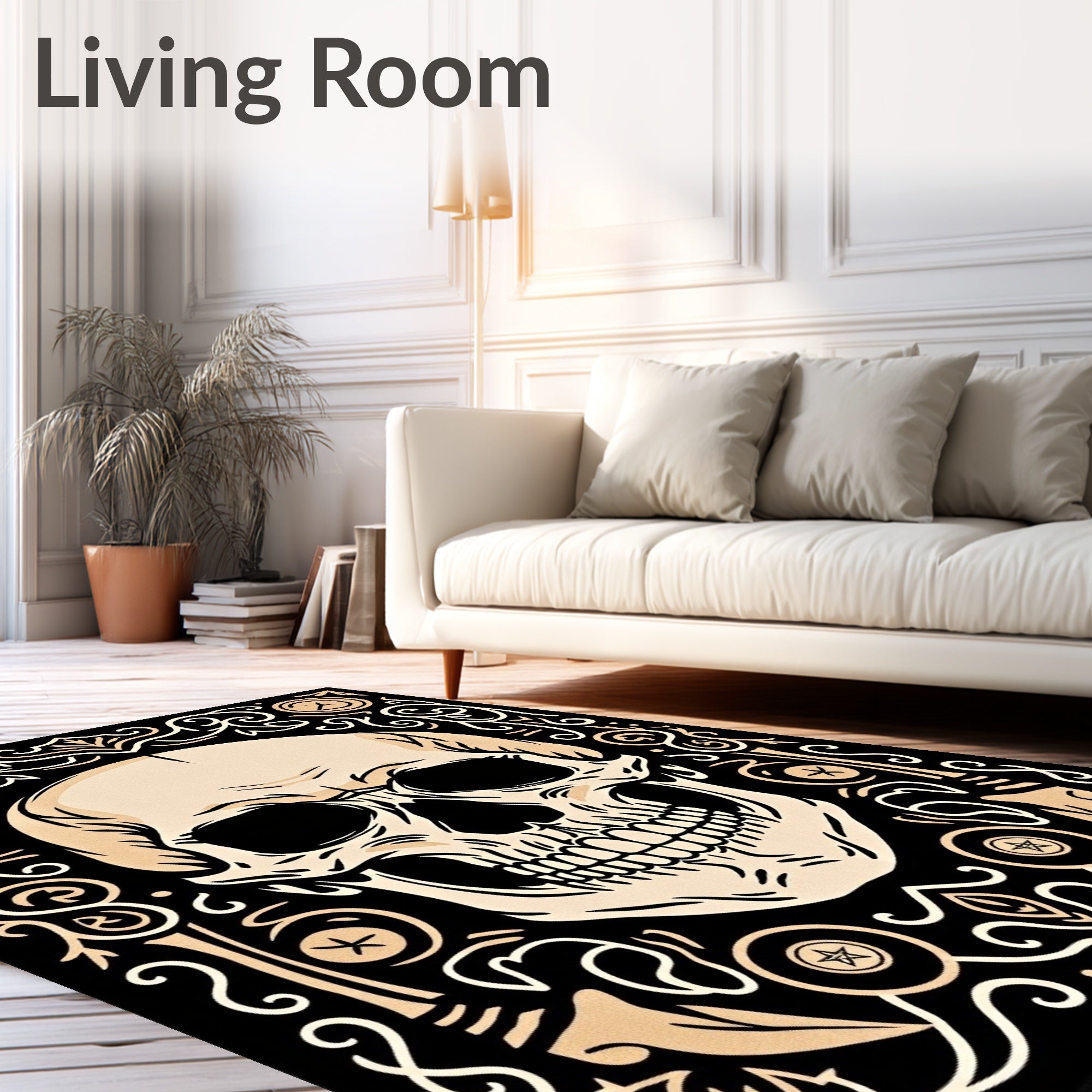 Cream Skull with Black Ornate Border Rug