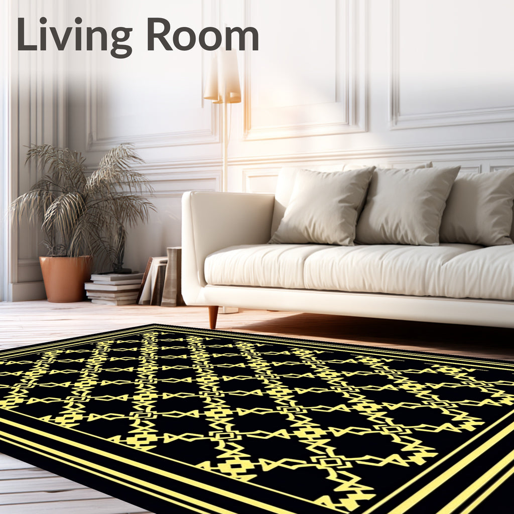 Art Deco Black Golden Geometric Lattice Rug