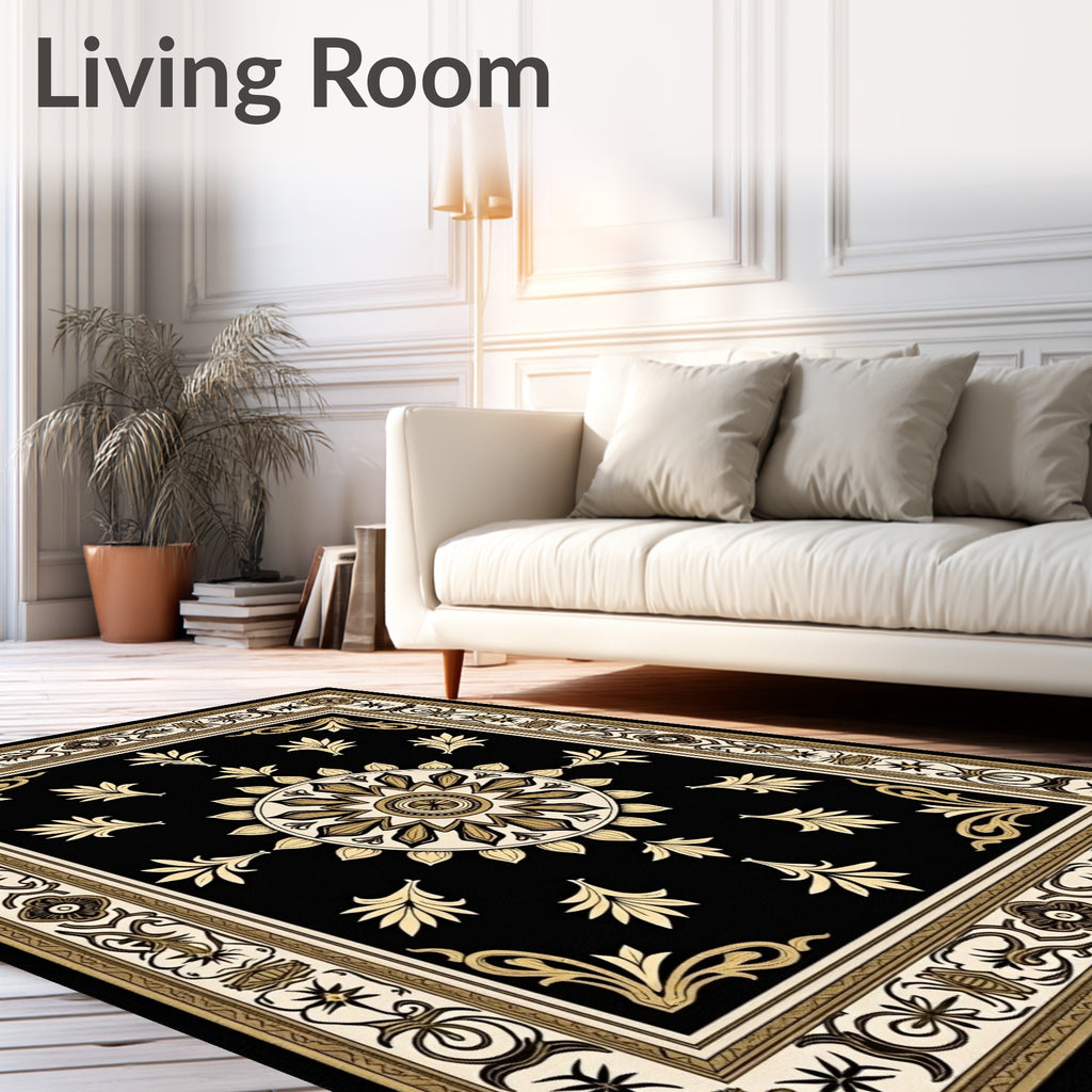Black Gold Floral Medallion Border Rug