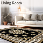 Black Gold Floral Medallion Border Rug
