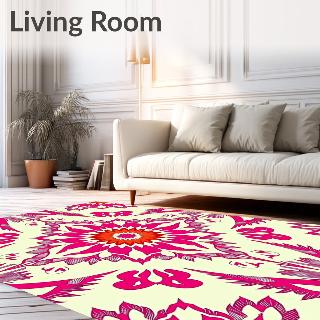 Hot Pink Floral Mandala Cream Rug