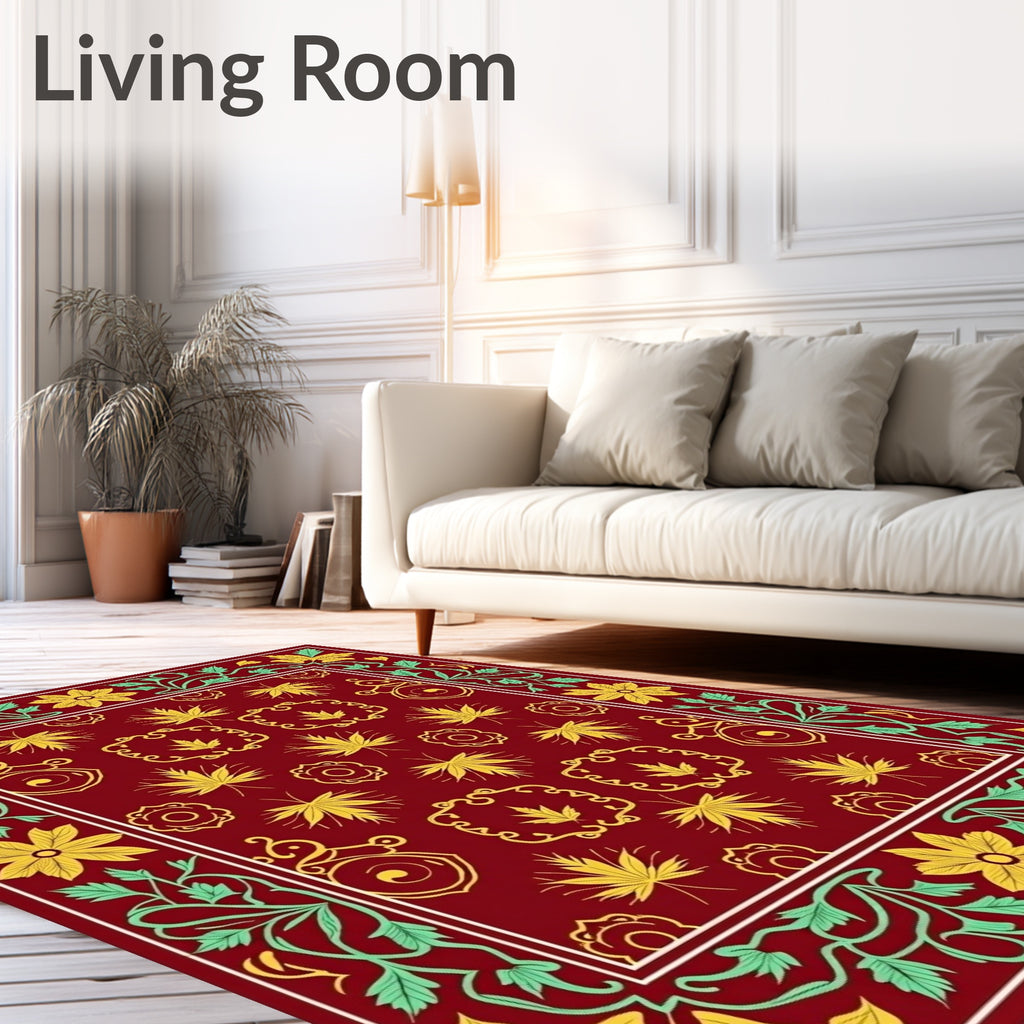 Regal Crimson Floral Vine Border Rug