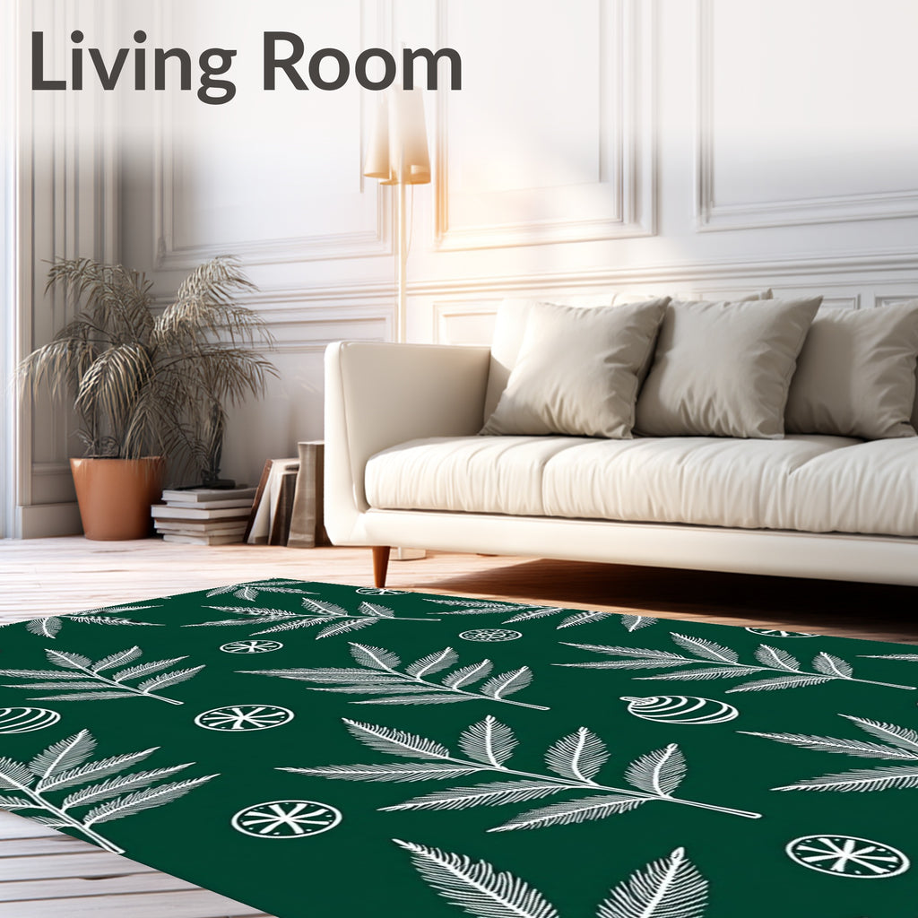 Dark Green White Fern Ornament Repeat Rug