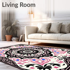 Cream Pink Black Floral Medallion Rug