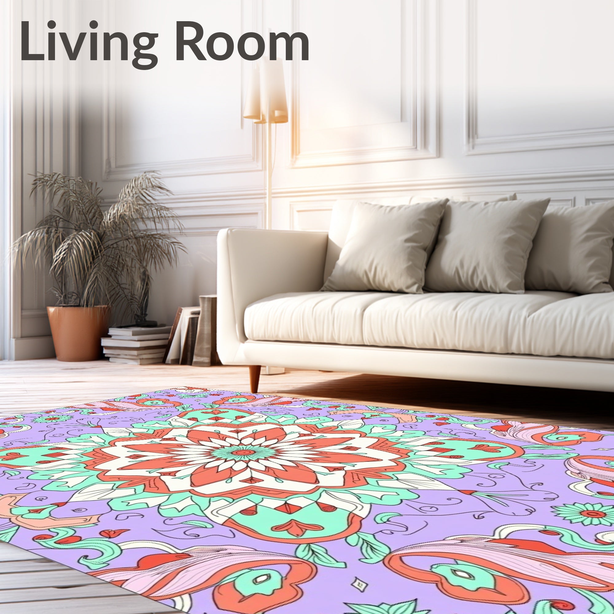 Coral Teal Lavender Floral Mandala Rug