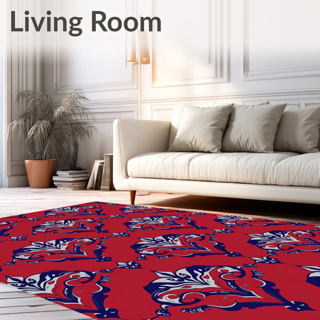 Crimson Red Elaborate Navy White Damask Rug