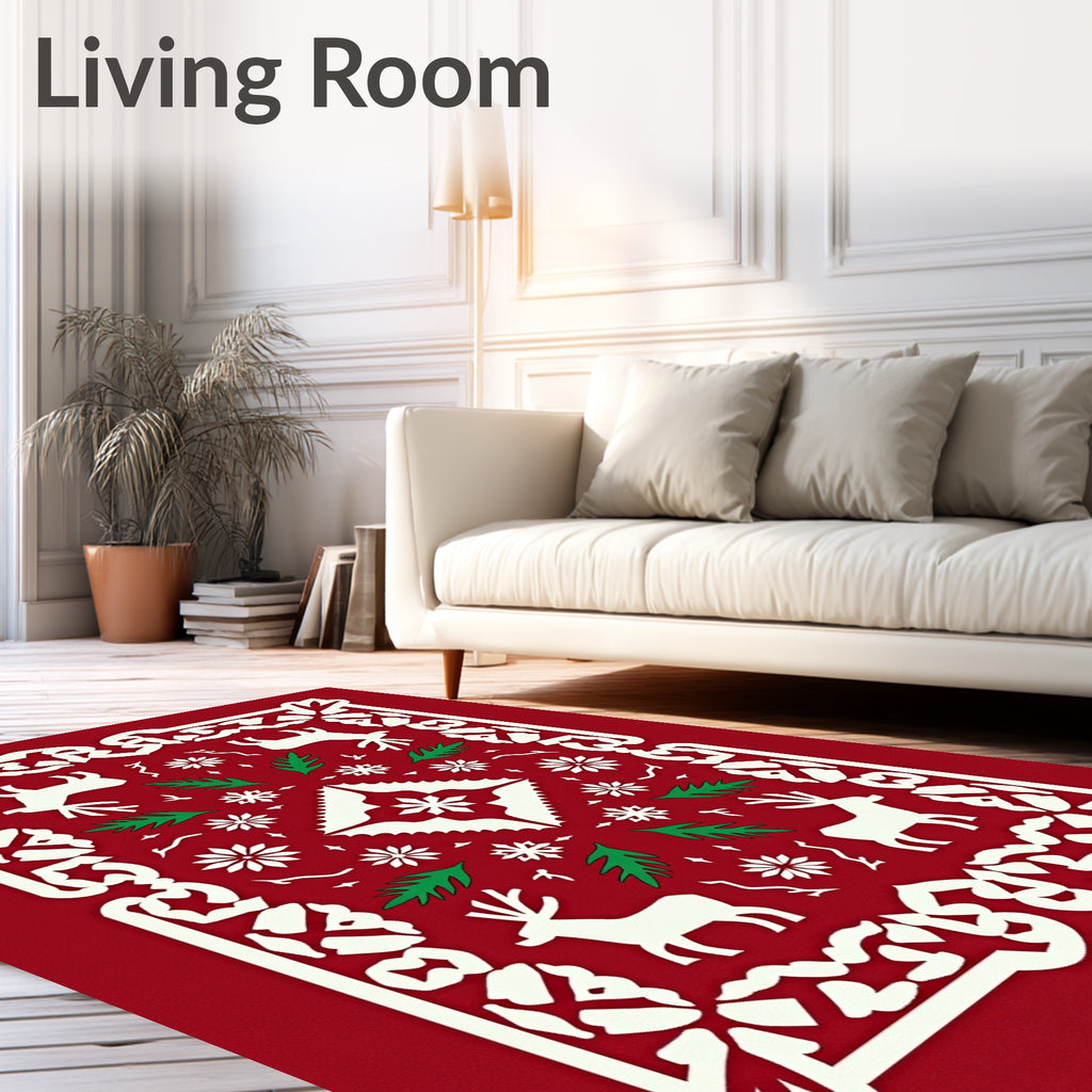 Crimson Reindeer Snowflake Festive Border Rug