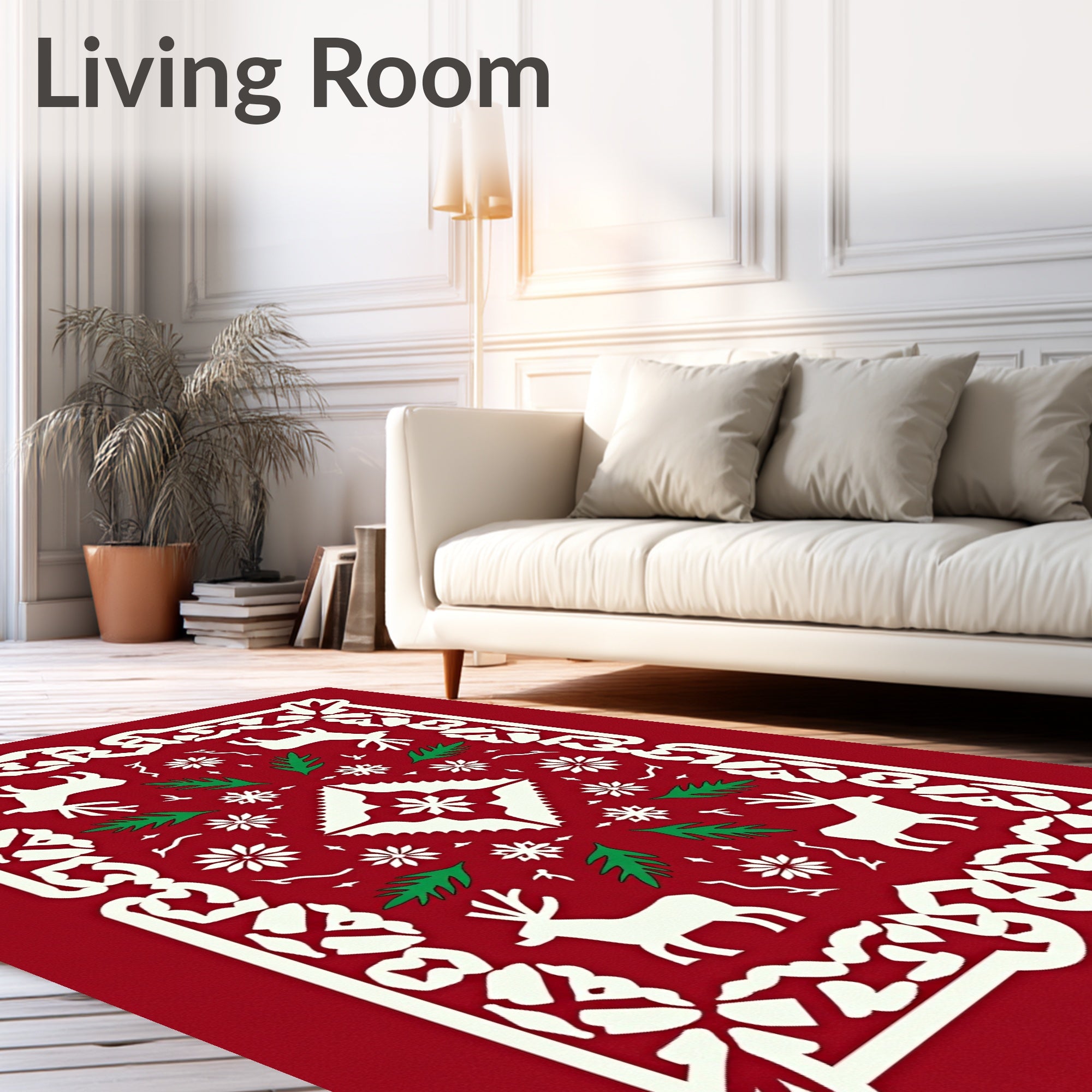 Crimson Reindeer Snowflake Festive Border Rug