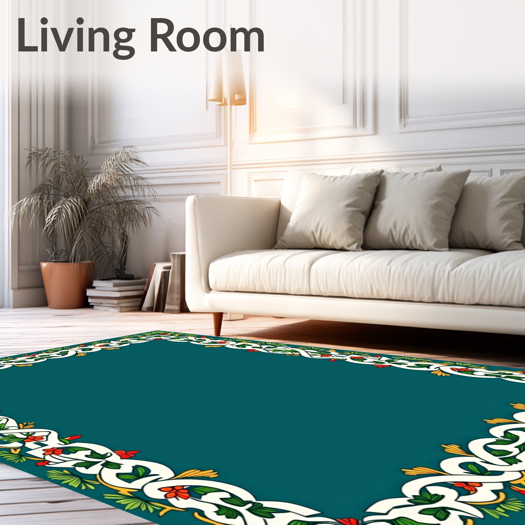 Ornate Green Floral Intertwined Border Rug