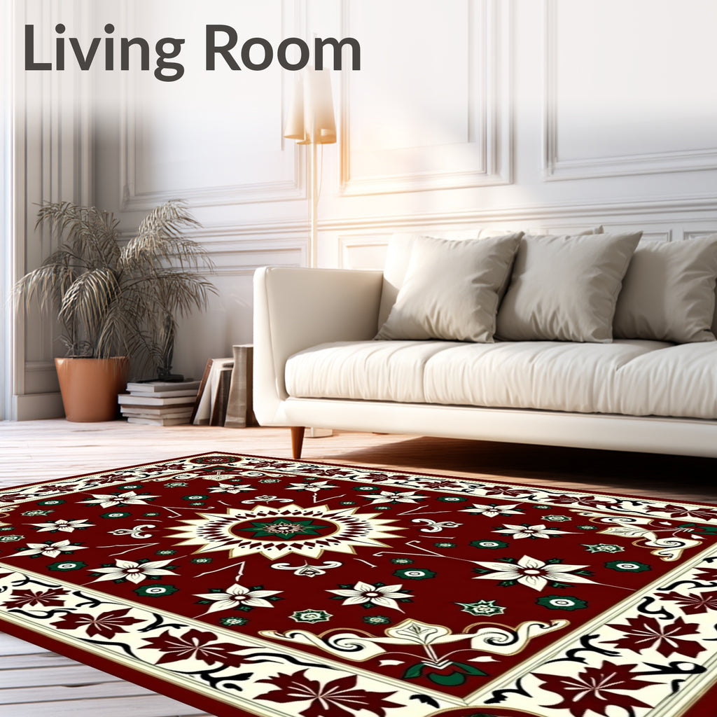 Deep Red Floral Medallion Arrangement Rug
