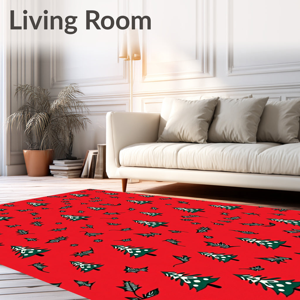 Christmas Tree and Holly Accents Red Rug