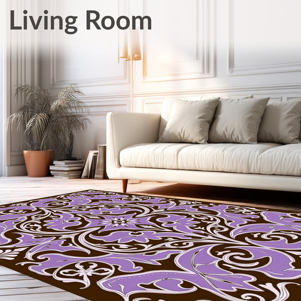 Ornate Lavender Floral Brown Medallion Rug