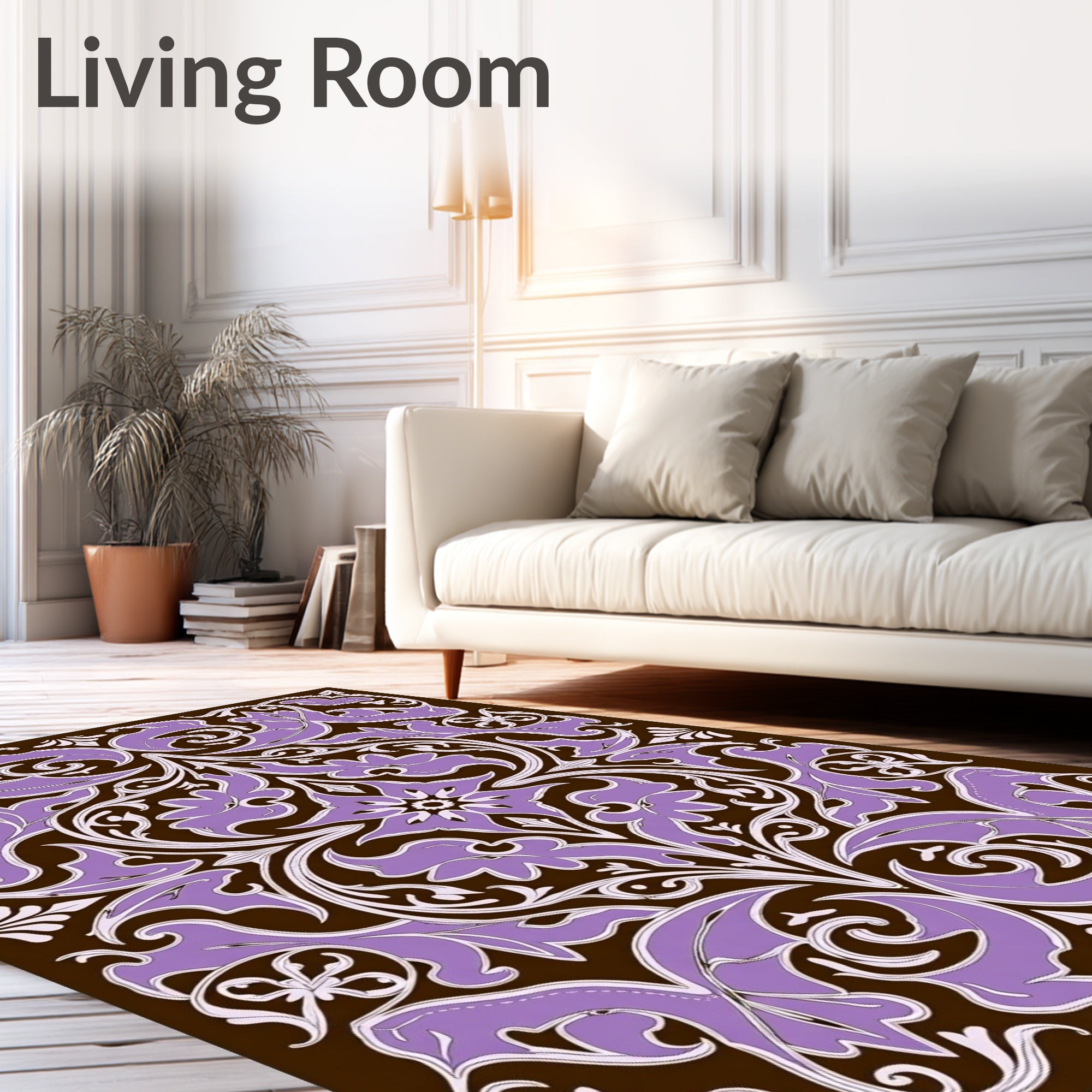 Ornate Lavender Floral Brown Medallion Rug