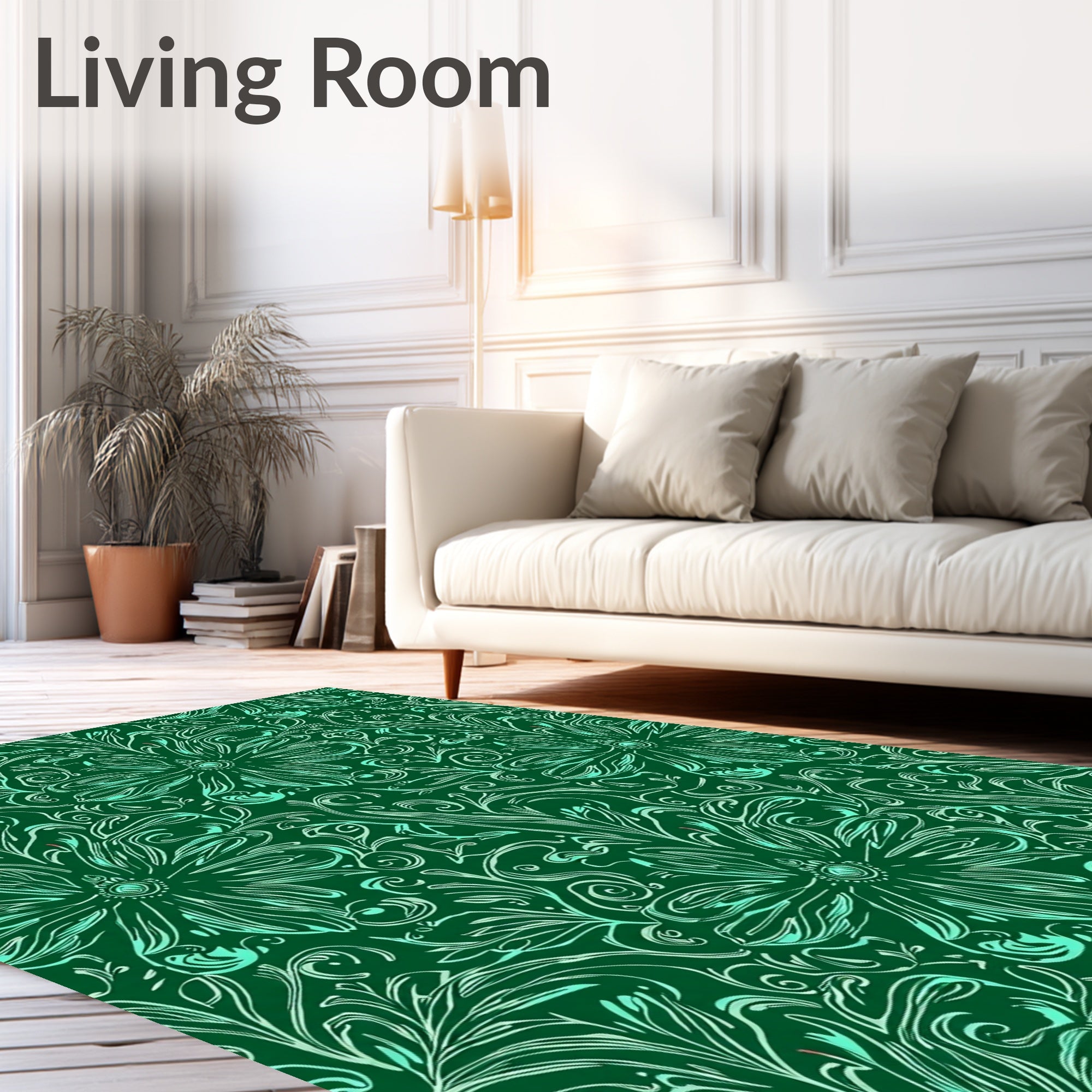 Emerald Green Floral Swirls Rug