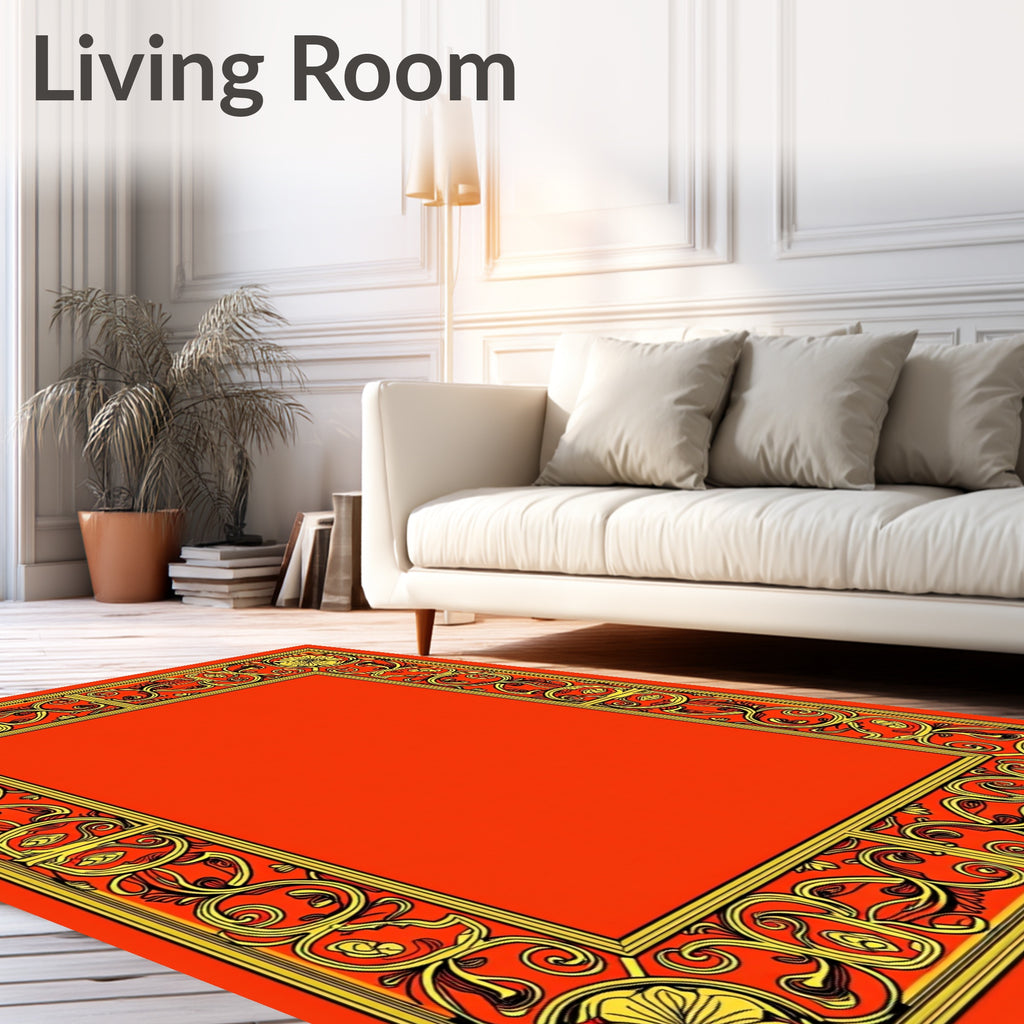 Golden Floral Red Scroll Border Rug