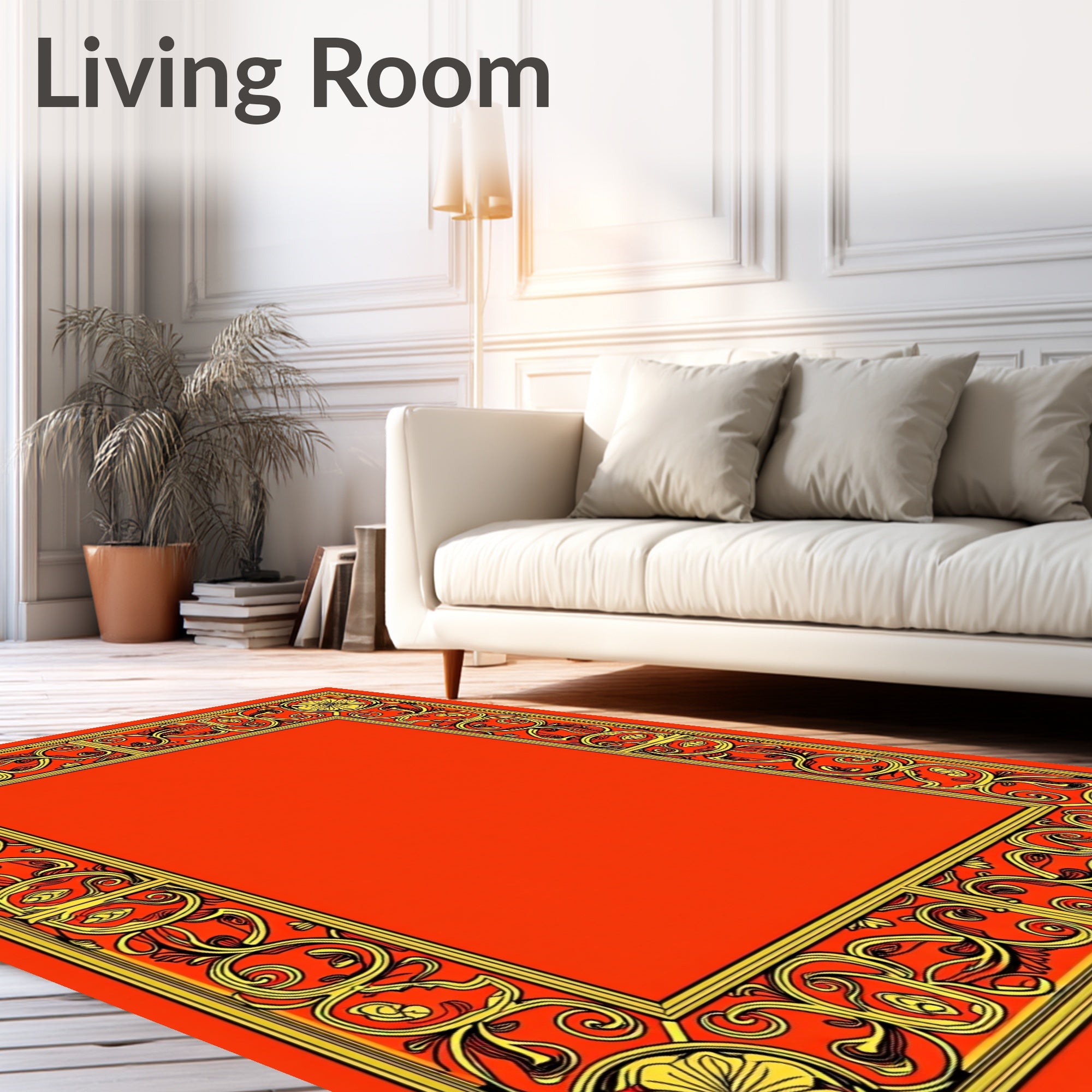 Golden Floral Red Scroll Border Rug