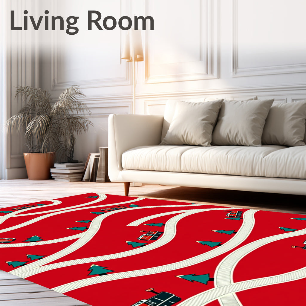 Whimsical red train evergreen forest travel Rug