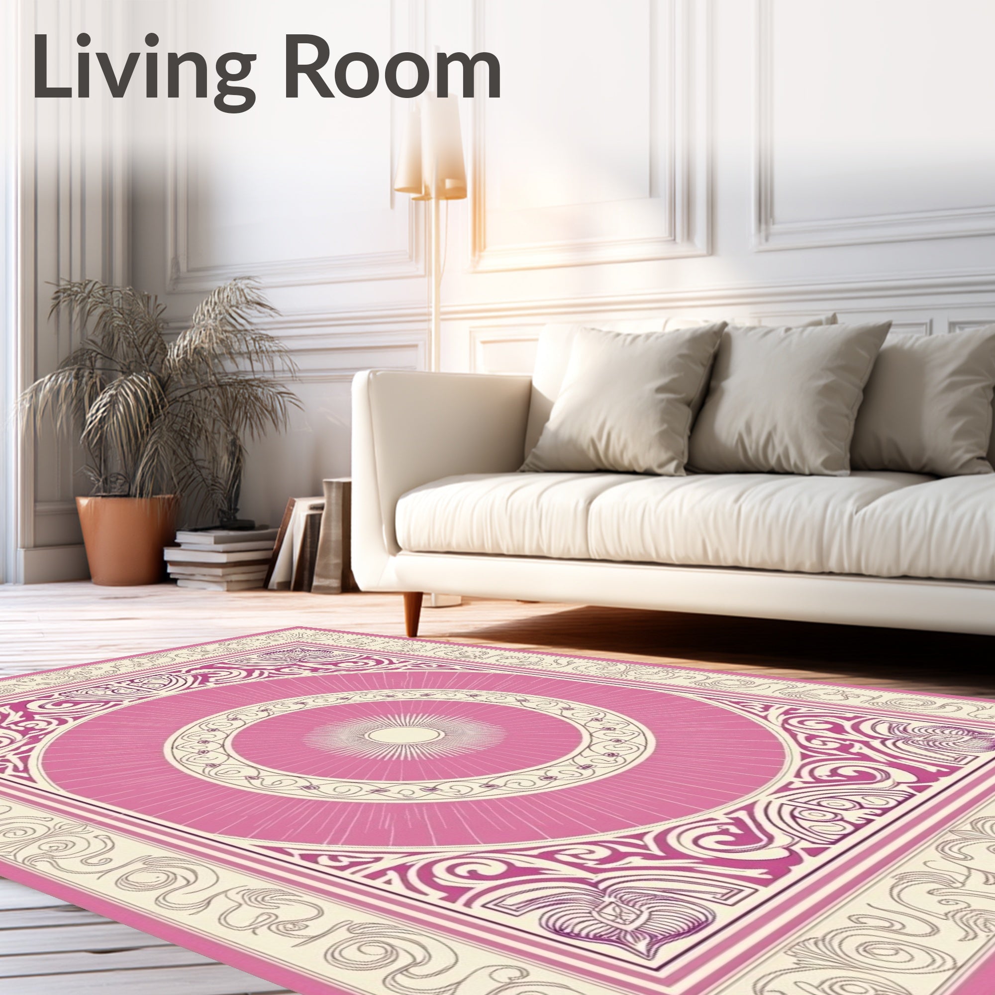 Pink Cream Sunburst Medallion Frame Rug