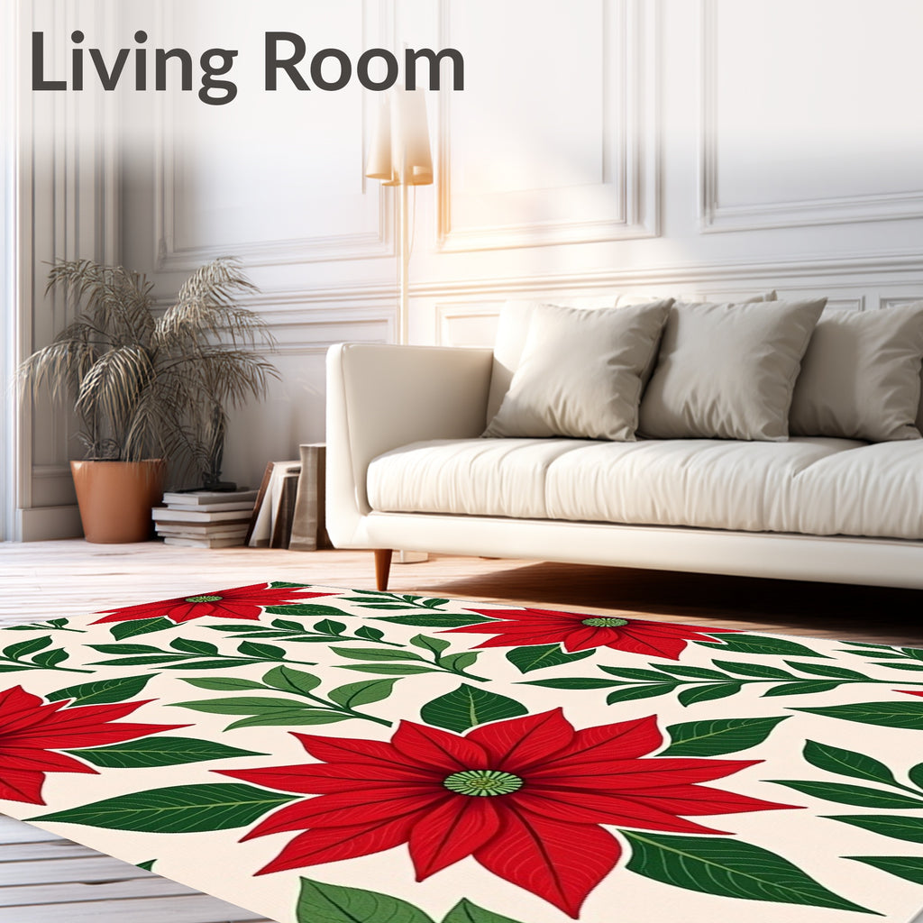 Red Poinsettia Floral Branch Cream Rug