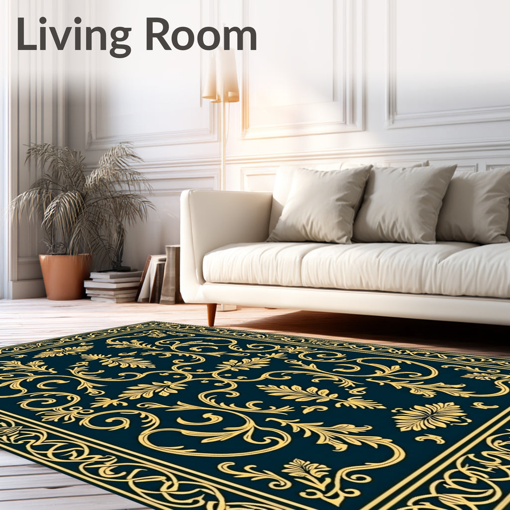 Golden Floral Swirl Navy Blue Rug