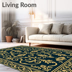 Golden Floral Swirl Navy Blue Rug
