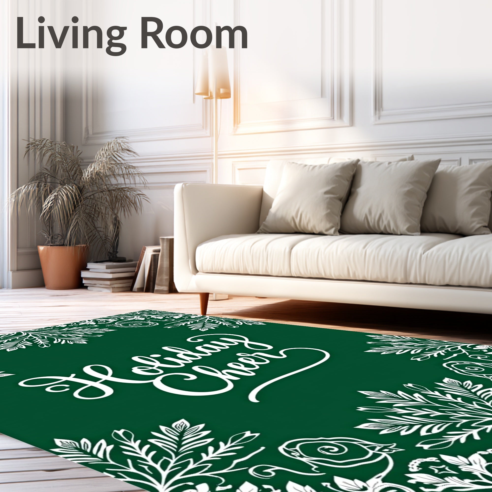 White Floral Border Green Background Rug