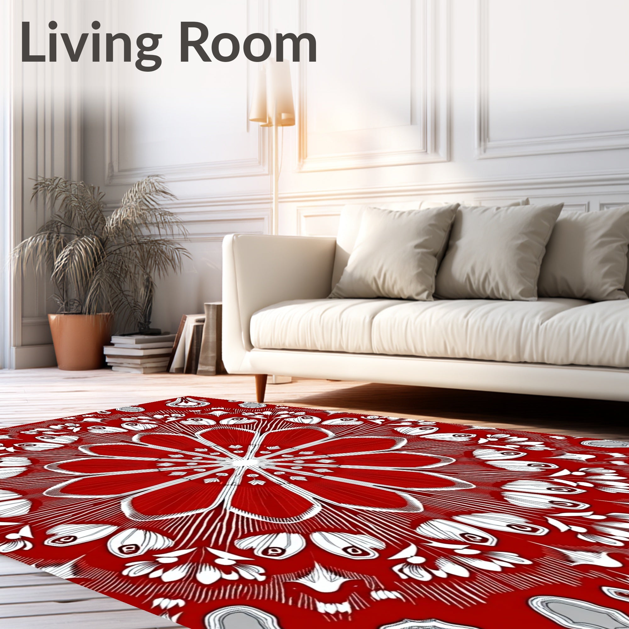 Vibrant Red White Floral Sunburst Rug