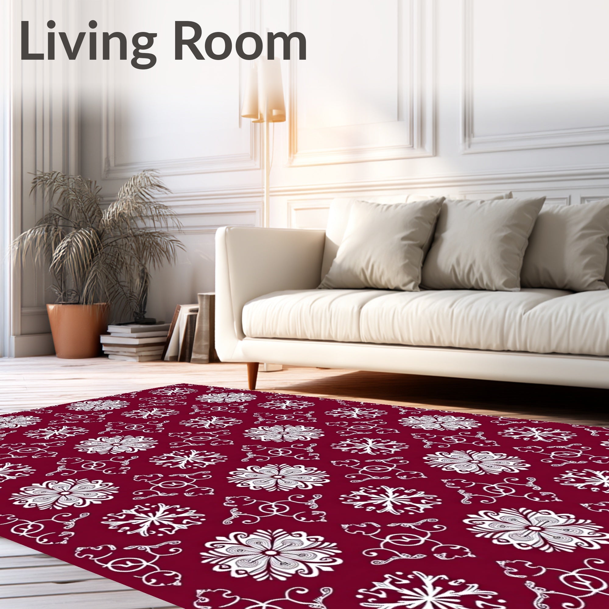 Deep Red White Flourish Mandala Rug