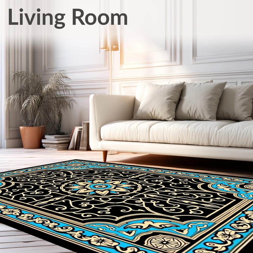 Black Blue Golden Floral Medallion Rug
