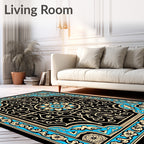 Black Blue Golden Floral Medallion Rug
