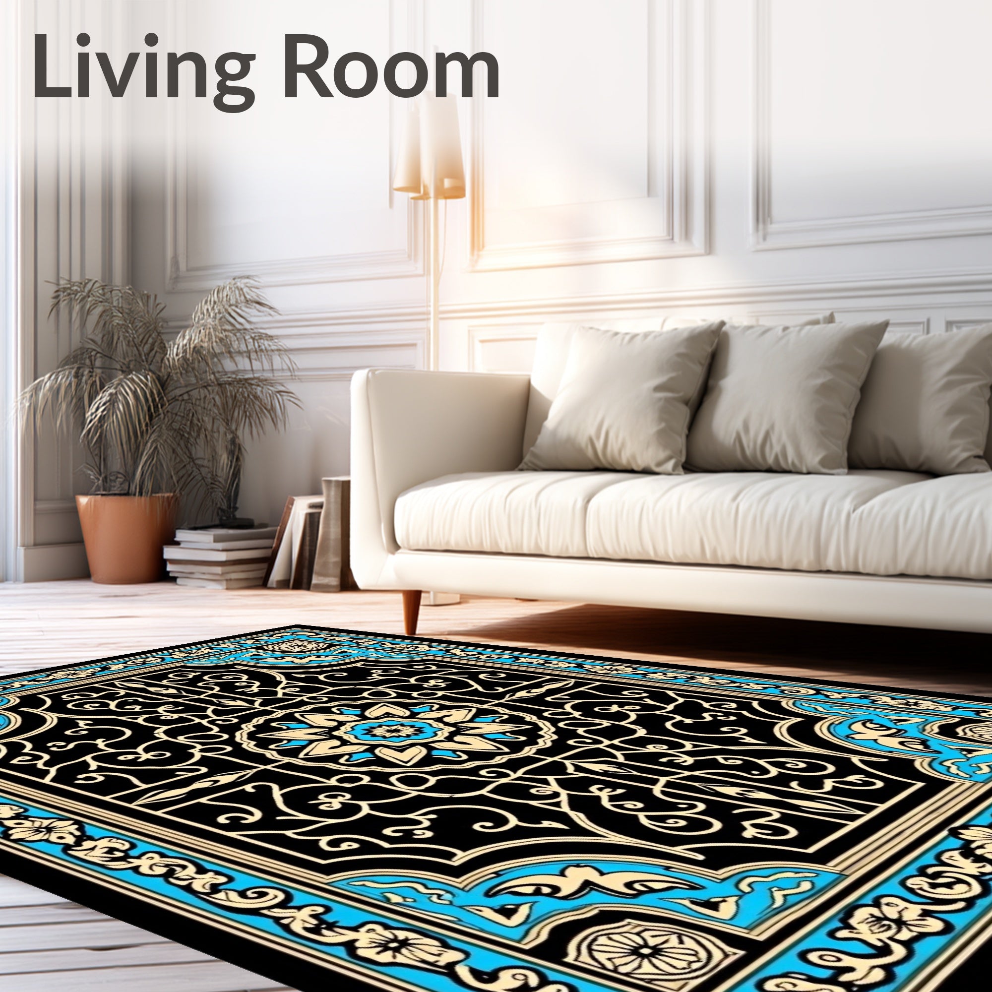 Black Blue Golden Floral Medallion Rug