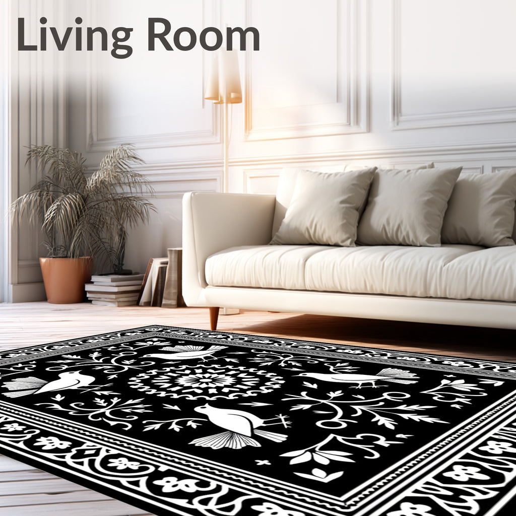 Black and White Bird Floral Medallion Rug